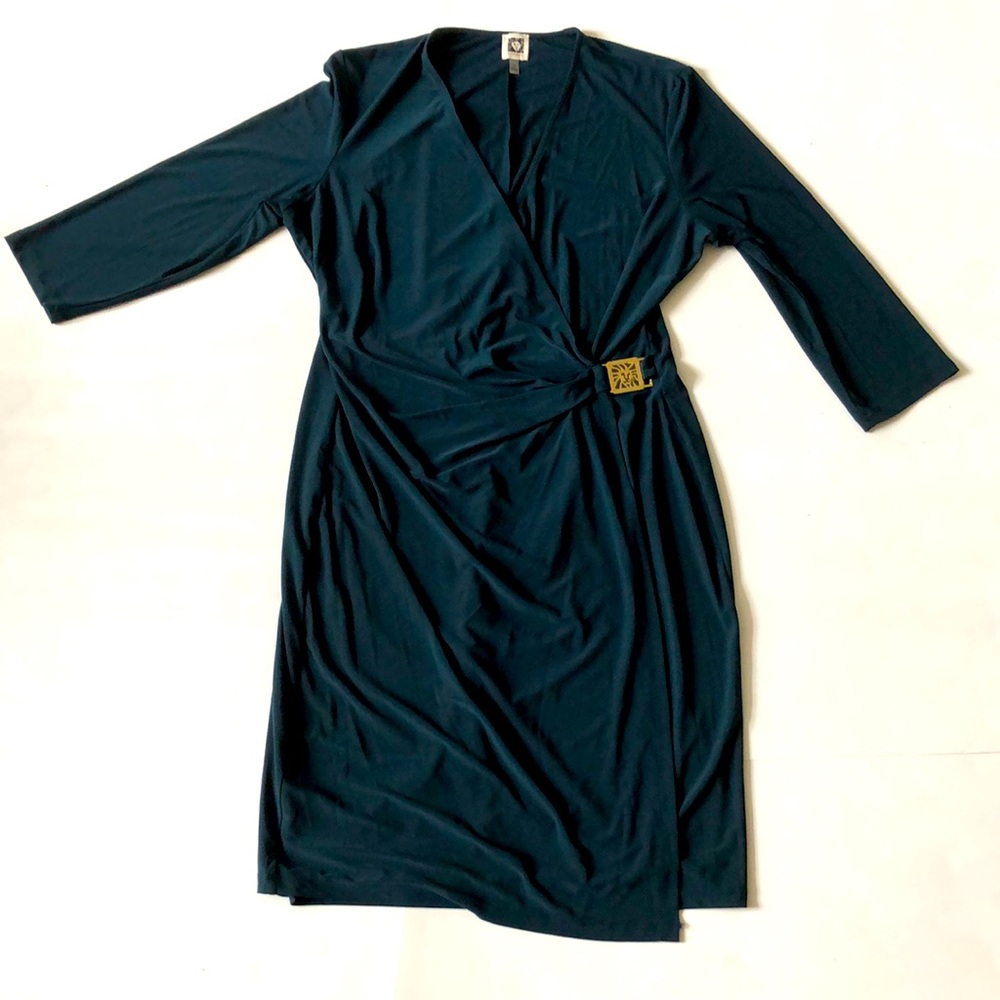 Anne Klein 16 Teal Dress Dark Green Wrap Gold Lion Detail Excellent Condition